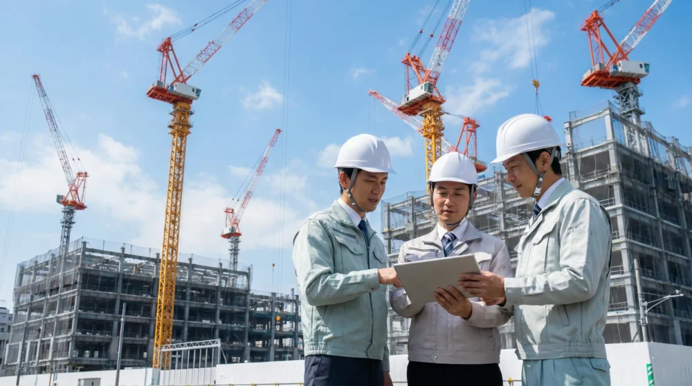 ゼネコン業界のM&Aによる事業承継と技術継承を象徴する、大規模建設現場で打ち合わせる技術者たちの写真