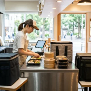テイクアウト・デリバリー店のM&A・会社売却をイメージし、調理風景とデリバリー準備が整った店頭の写真