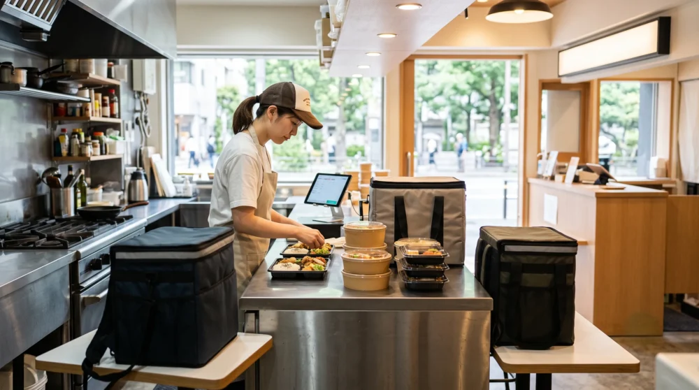 テイクアウト・デリバリー店のM&A・会社売却をイメージし、調理風景とデリバリー準備が整った店頭の写真