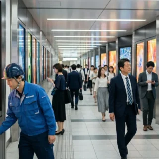 地下通路に並ぶ連動型デジタルサイネージと、保守確認を行う作業員。デジタルサイネージ事業のM&Aや会社売却を検討する際のイメージ。