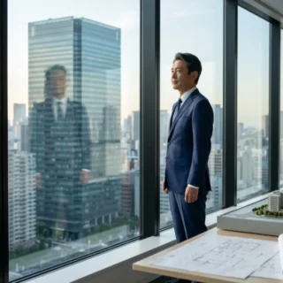 都市開発を手掛けるデベロッパー会社のM&A・会社売却において、社長が自社プロジェクトの都市模型を見つめ、事業の未来に想いを馳せる。