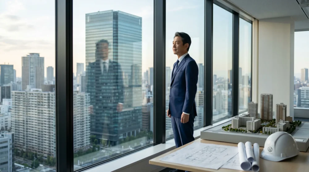 都市開発を手掛けるデベロッパー会社のM&A・会社売却において、社長が自社プロジェクトの都市模型を見つめ、事業の未来に想いを馳せる。