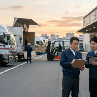 トラック運送業のM&Aと会社売却における、物流拠点での円滑な事業承継と経営引き継ぎをイメージした、トラックと従業員の写真。
