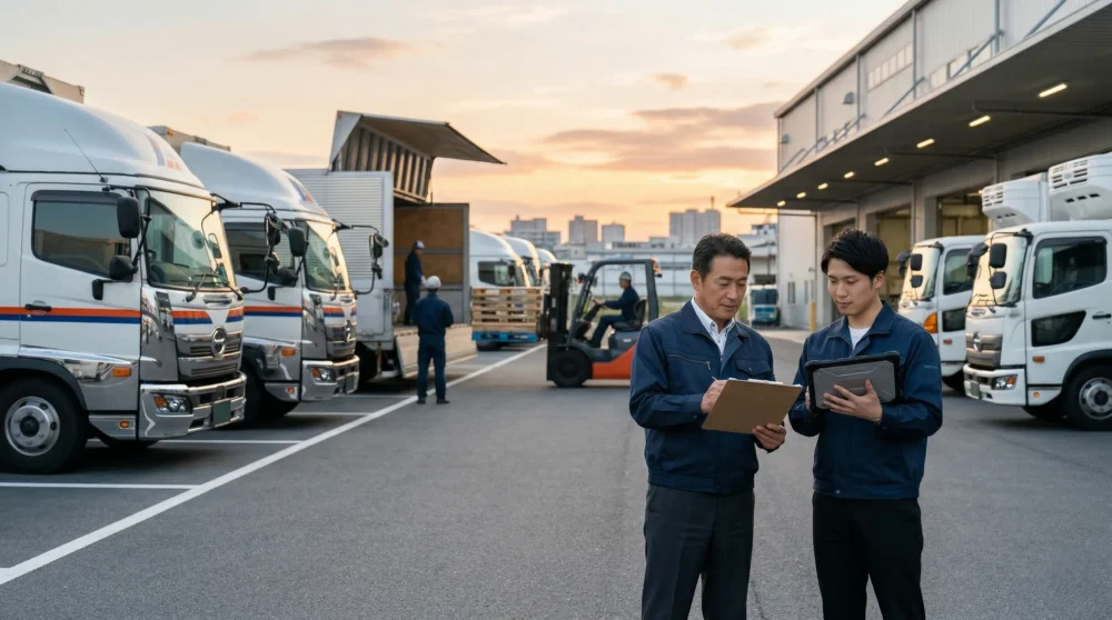 トラック運送業のM&Aと会社売却における、物流拠点での円滑な事業承継と経営引き継ぎをイメージした、トラックと従業員の写真。