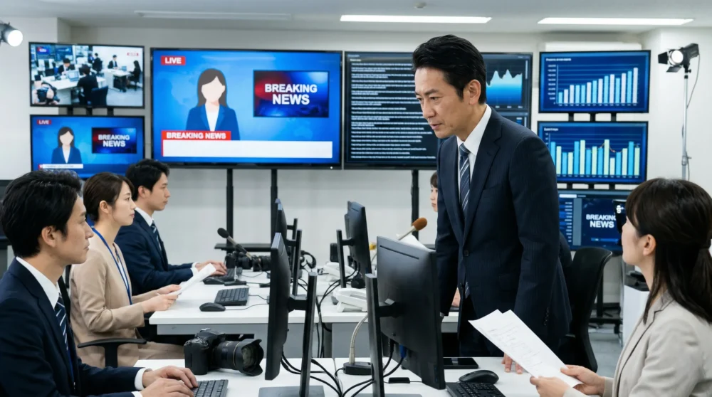 ニュースメディア業界のM&Aと会社売却をイメージした、活気ある編集部でモニターを見ながら打ち合わせをする経営者の実写画像