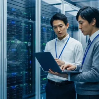 ネットワークインテグレーター業界のM&Aや会社売却で、サーバー室にて技術継承を行うエンジニアの姿を捉えた信頼感ある写真