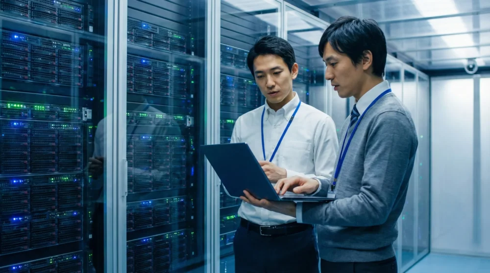 ネットワークインテグレーター業界のM&Aや会社売却で、サーバー室にて技術継承を行うエンジニアの姿を捉えた信頼感ある写真