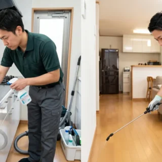 ハウスクリーニングと害虫駆除業のM&A・会社売却に向け、丁寧な作業で信頼を築く現場を捉えた実写風画像