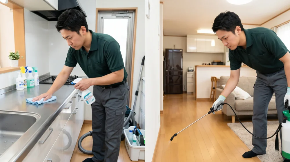 ハウスクリーニングと害虫駆除業のM&A・会社売却に向け、丁寧な作業で信頼を築く現場を捉えた実写風画像