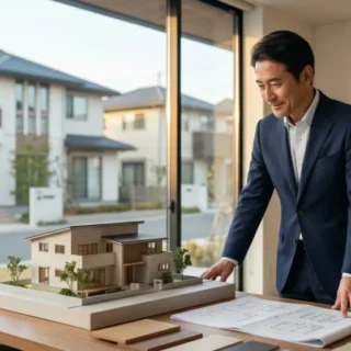 ハウスメーカーの会社売却やM&Aを検討する経営者が、完成した住宅模型と図面を前に信頼感を醸し出す様子を表す写真