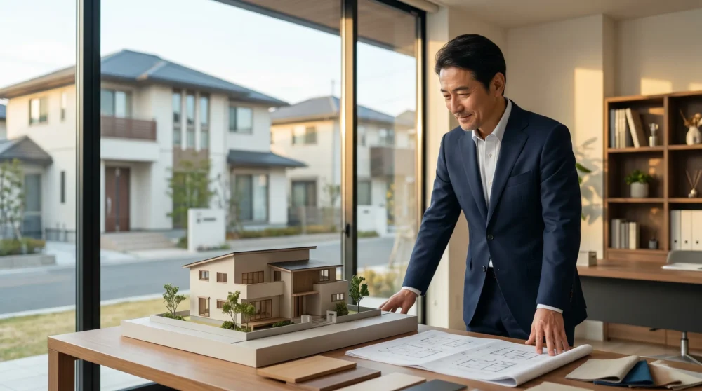 ハウスメーカーの会社売却やM&Aを検討する経営者が、完成した住宅模型と図面を前に信頼感を醸し出す様子を表す写真