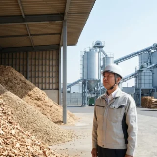 バイオマス燃料の製造プラントと山積みの燃料チップ。M&Aや会社売却を検討する経営者のための事業承継イメージ画像。