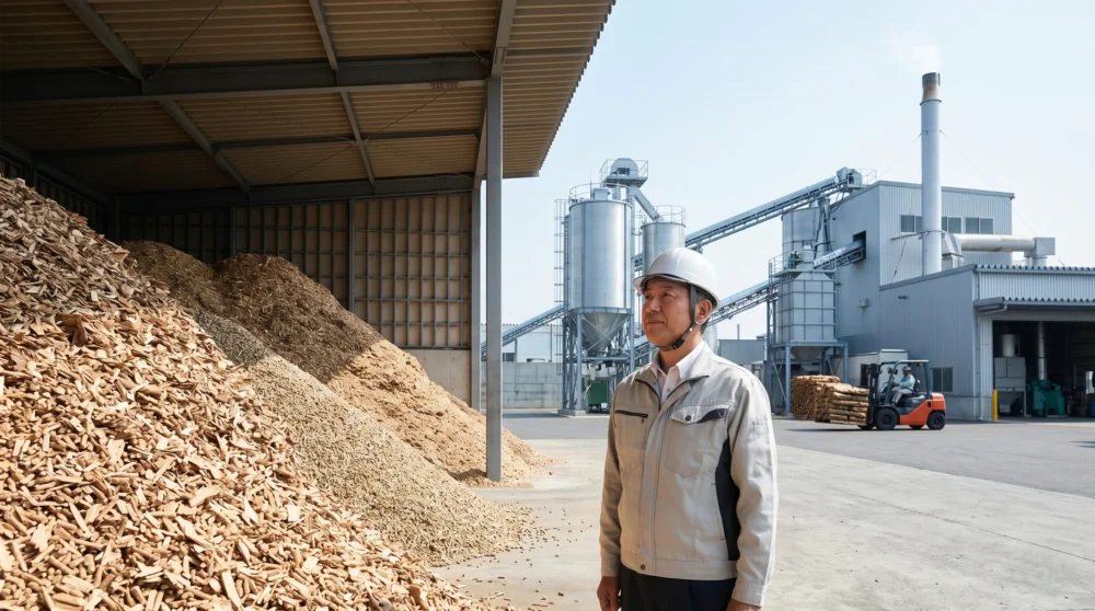 バイオマス燃料の製造プラントと山積みの燃料チップ。M&Aや会社売却を検討する経営者のための事業承継イメージ画像。
