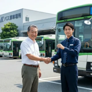 バス事業のM&A・会社売却で、車庫のバスを背に握手する経営者。地域インフラを次世代へ繋ぐ事業承継を象徴する実写画像。