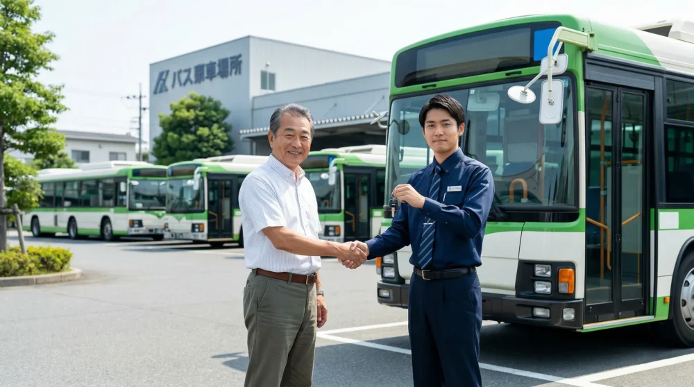 バス事業のM&A・会社売却で、車庫のバスを背に握手する経営者。地域インフラを次世代へ繋ぐ事業承継を象徴する実写画像。
