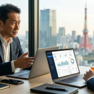 バーティカルSaaS事業のM&A・会社売却で、特定業界向けクラウドサービスの譲渡を支援する、都内オフィスでの商談風景。