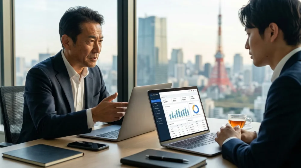 バーティカルSaaS事業のM&A・会社売却で、特定業界向けクラウドサービスの譲渡を支援する、都内オフィスでの商談風景。