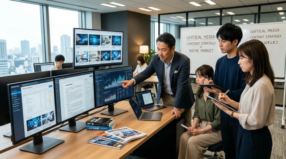 バーティカルメディア会社のM&Aと会社売却で、専門メディアの価値を次世代に繋ぐ、熱気あふれる編集部の様子を表す画像。