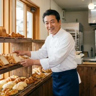 焼き立てのパンが並ぶパン屋の店内とオーナーシェフ。M&A・会社売却を検討する経営者の事業承継をイメージ。