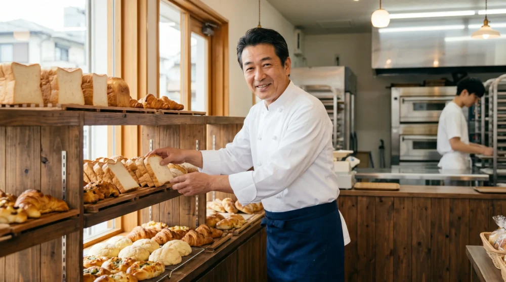 焼き立てのパンが並ぶパン屋の店内とオーナーシェフ。M&A・会社売却を検討する経営者の事業承継をイメージ。