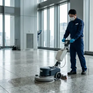 オフィスビルのロビーで床清掃機を操作する従業員の姿。ビルメンテナンス業のM&A・会社売却で、地域社会への貢献と従業員の雇用を守る。