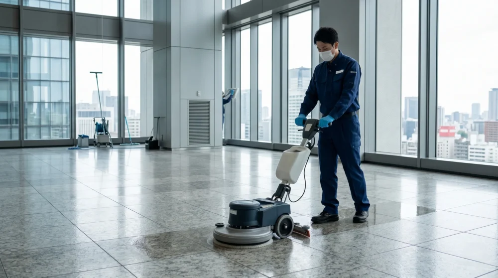 オフィスビルのロビーで床清掃機を操作する従業員の姿。ビルメンテナンス業のM&A・会社売却で、地域社会への貢献と従業員の雇用を守る。