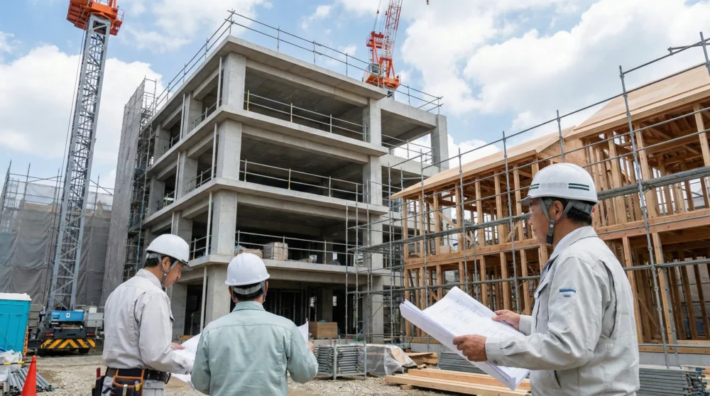 ビル・住宅建築のM&Aで事業承継を検討する経営者が、建設現場で図面を確認している写真。