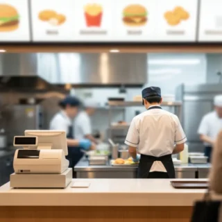 ファストフード業のM&A・会社売却を支援する、明るく清潔な店内カウンターとキッチンが写る店舗のイメージ写真