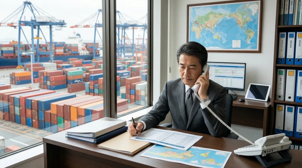 港湾とコンテナを見渡すオフィスで、国際輸送を扱うフォワーダーのM&Aと会社売却に向けた経営者の様子。