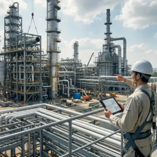 プラント工事業界のM&Aと会社売却で、巨大な生産設備と技術を引き継ぐ事業承継のイメージ写真。