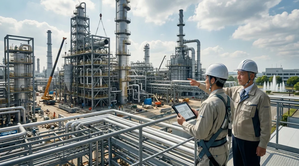 プラント工事業界のM&Aと会社売却で、巨大な生産設備と技術を引き継ぐ事業承継のイメージ写真。