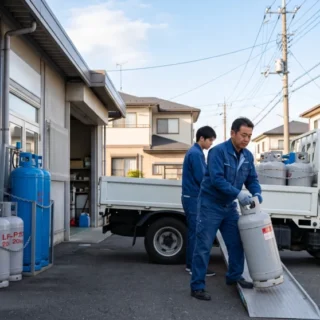 プロパンガスボンベを荷下ろしする現場を描き、会社売却とM&Aによる事業承継を表す写真。