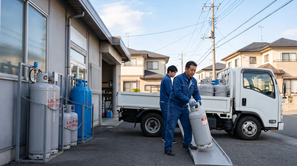プロパンガスボンベを荷下ろしする現場を描き、会社売却とM&Aによる事業承継を表す写真。