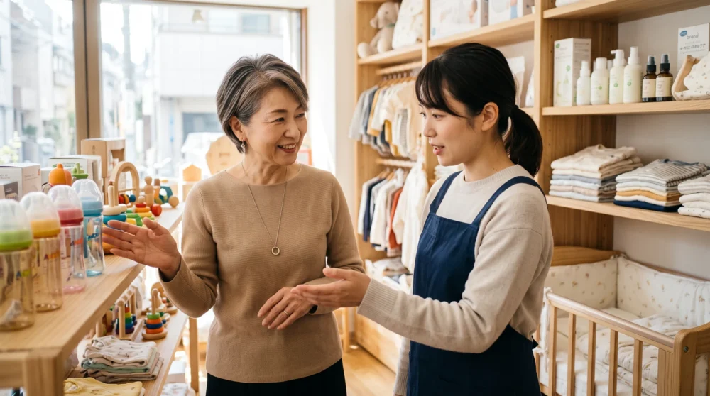 ベビー用品業界のM&A・会社売却で、次の世代へ思いと店舗を引き継ぐ、アットホームな子供服・育児雑貨専門店の店内写真。