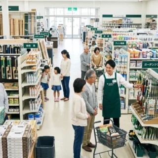 多くの顧客で賑わうホームセンターの売り場。M&Aや会社売却により、地域に愛される店舗を引き継ぐ事業承継を表す。