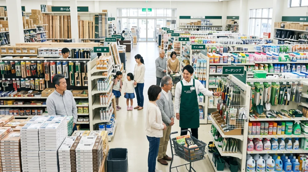 多くの顧客で賑わうホームセンターの売り場。M&Aや会社売却により、地域に愛される店舗を引き継ぐ事業承継を表す。