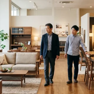 ホーム家具店のM&A・会社売却に向け、店舗で家具の展示や接客を確認する経営者の写真