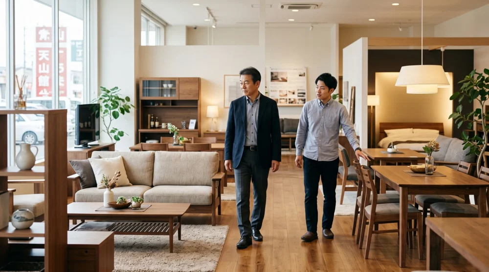 ホーム家具店のM&A・会社売却に向け、店舗で家具の展示や接客を確認する経営者の写真