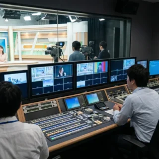 マスメディアのM&A・会社売却を検討する経営者に、テレビ局の放送現場を捉えた信頼感のあるイメージ。