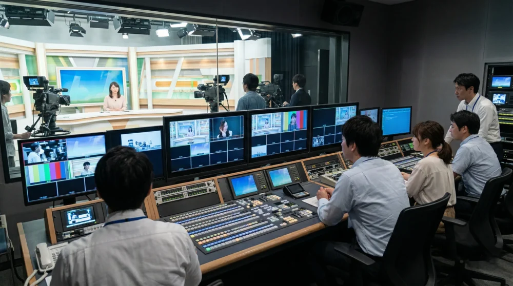 マスメディアのM&A・会社売却を検討する経営者に、テレビ局の放送現場を捉えた信頼感のあるイメージ。