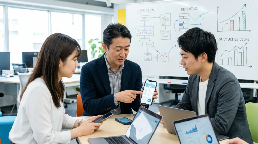 マッチングアプリ運営企業のM&A・会社売却を検討するオーナー経営者に向けて、オフィスでアプリ改善を議論するチームの様子。