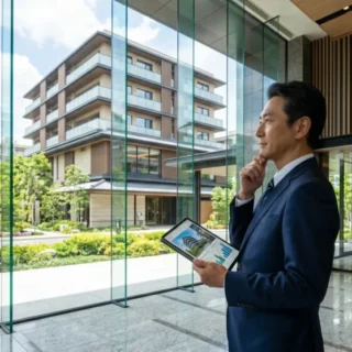 マンション分譲のM&A・会社売却で、自社物件を背に将来の展望を描く経営者の姿。高品質な不動産開発と事業承継をイメージした写真。
