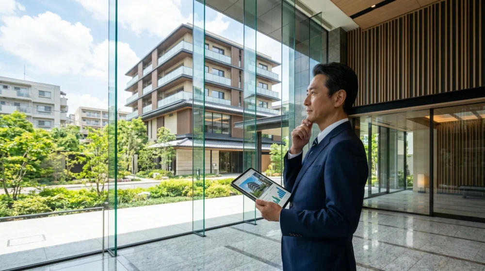 マンション分譲のM&A・会社売却で、自社物件を背に将来の展望を描く経営者の姿。高品質な不動産開発と事業承継をイメージした写真。
