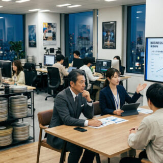 メディア・広告・エンタメ業界の会社売却とM&Aを象徴する、活気ある制作現場で話し合う経営者の写真