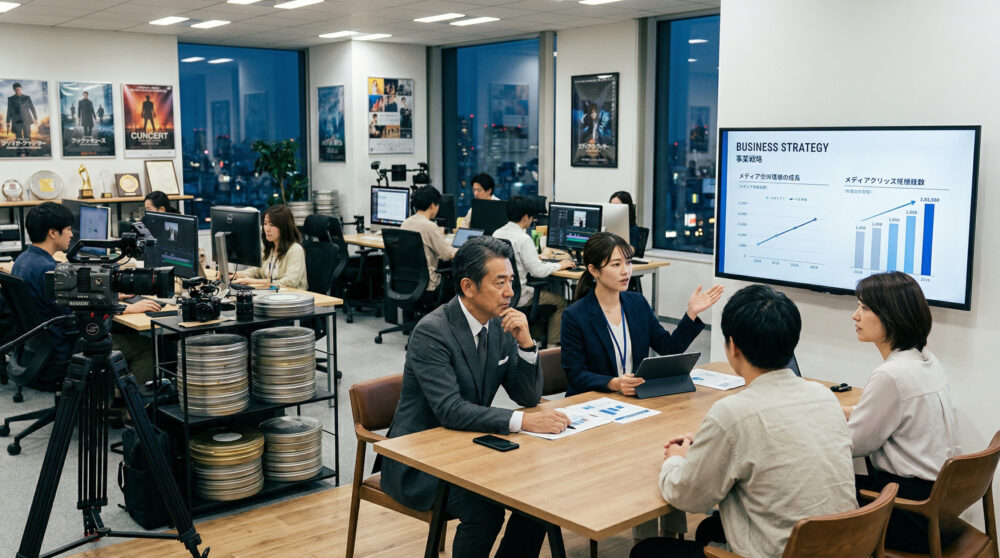 メディア・広告・エンタメ業界の会社売却とM&Aを象徴する、活気ある制作現場で話し合う経営者の写真