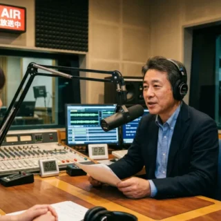 ラジオ放送局のスタジオで、マイクに向かって話す男性パーソナリティ。会社売却とM&Aによる事業承継をイメージ。