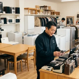 リサイクルショップのM&A・会社売却で、様々な中古品が並ぶ店内で査定を行う経営者の様子。
