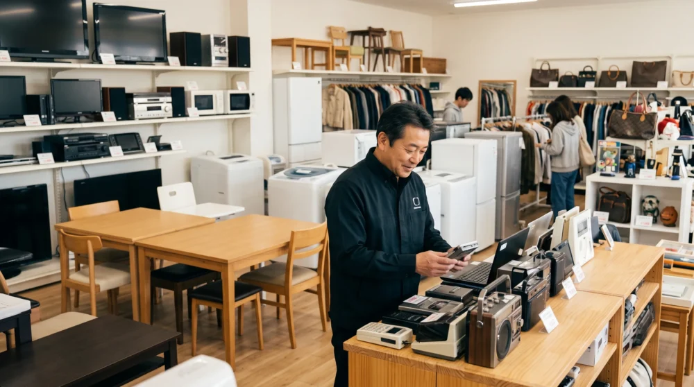 リサイクルショップのM&A・会社売却で、様々な中古品が並ぶ店内で査定を行う経営者の様子。