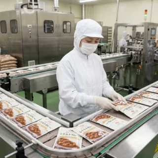 レトルト食品のM&A・会社売却で、製造ラインや従業員の雇用を引き継ぐ事業承継のイメージを表す、工場の検品作業風景。