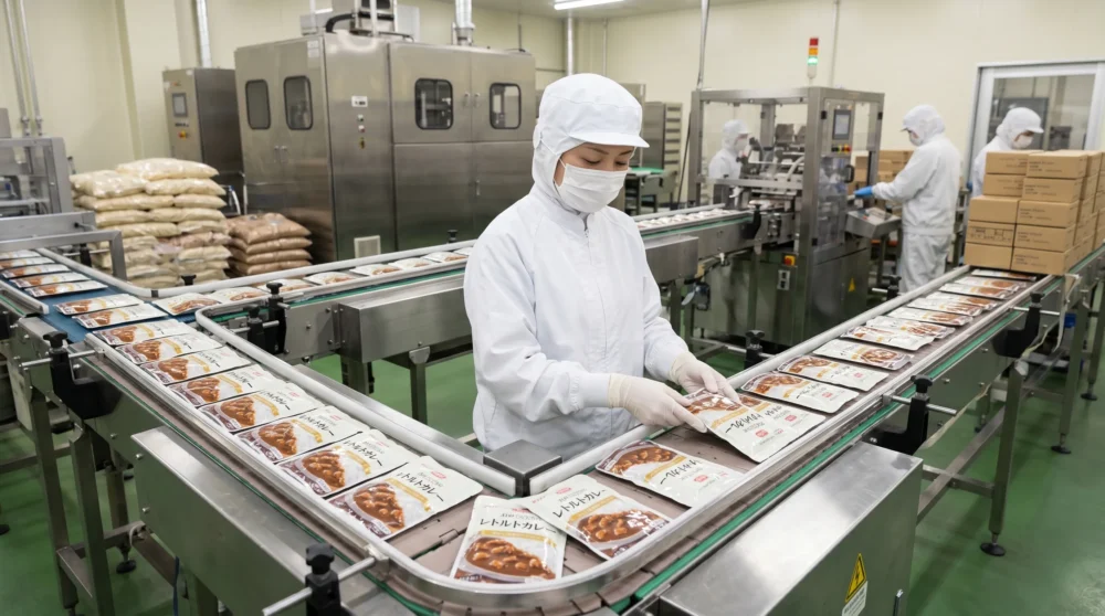 レトルト食品のM&A・会社売却で、製造ラインや従業員の雇用を引き継ぐ事業承継のイメージを表す、工場の検品作業風景。